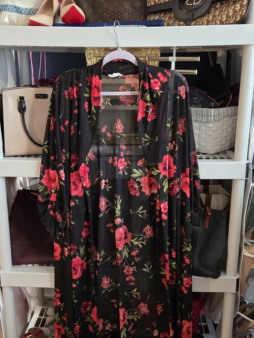Siren Lily Black Sheer Floral Kimono Robe with Red Roses